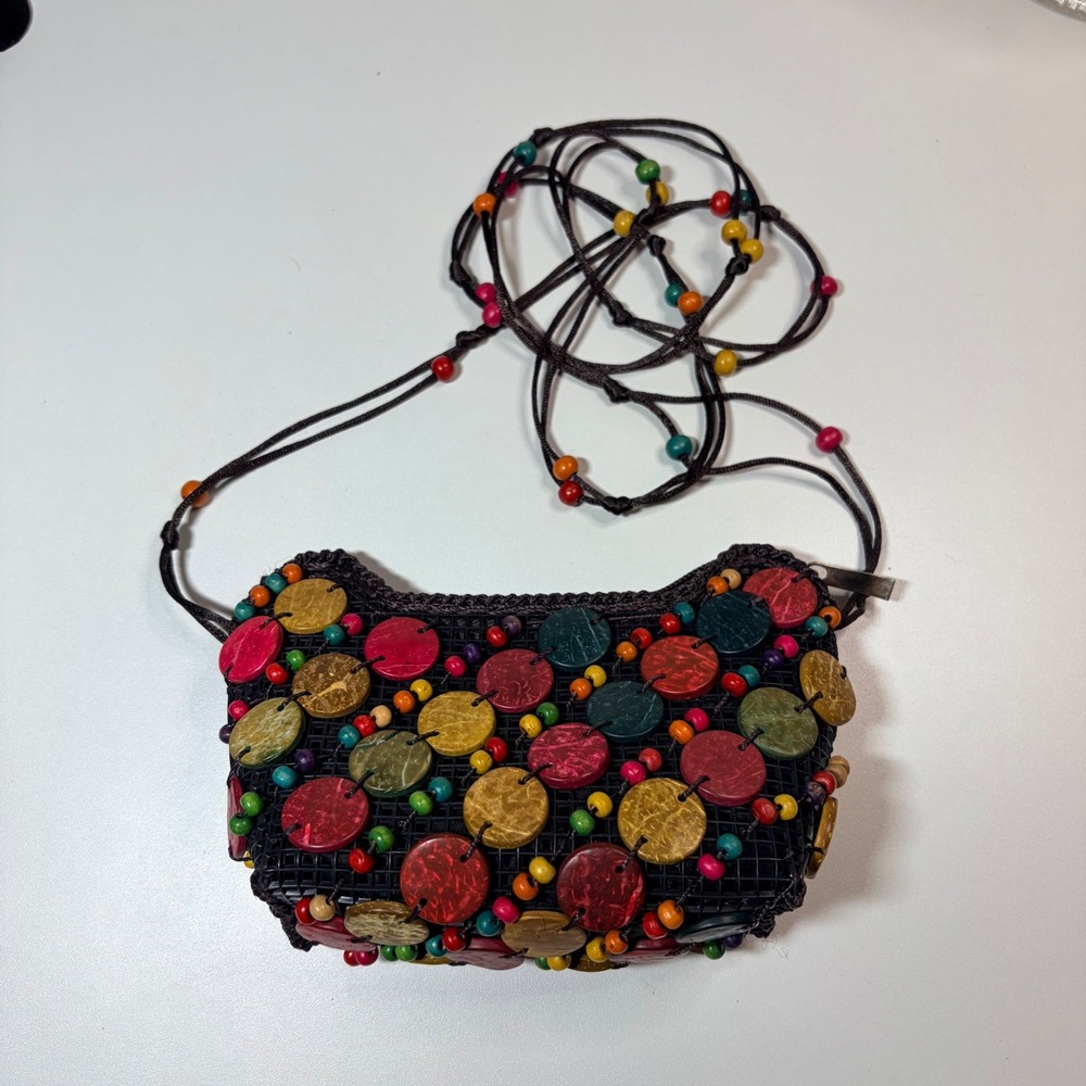 Boho Multicolor Wood Bead Coconut Disc Shoulder Bag Mesh Zipper Purse